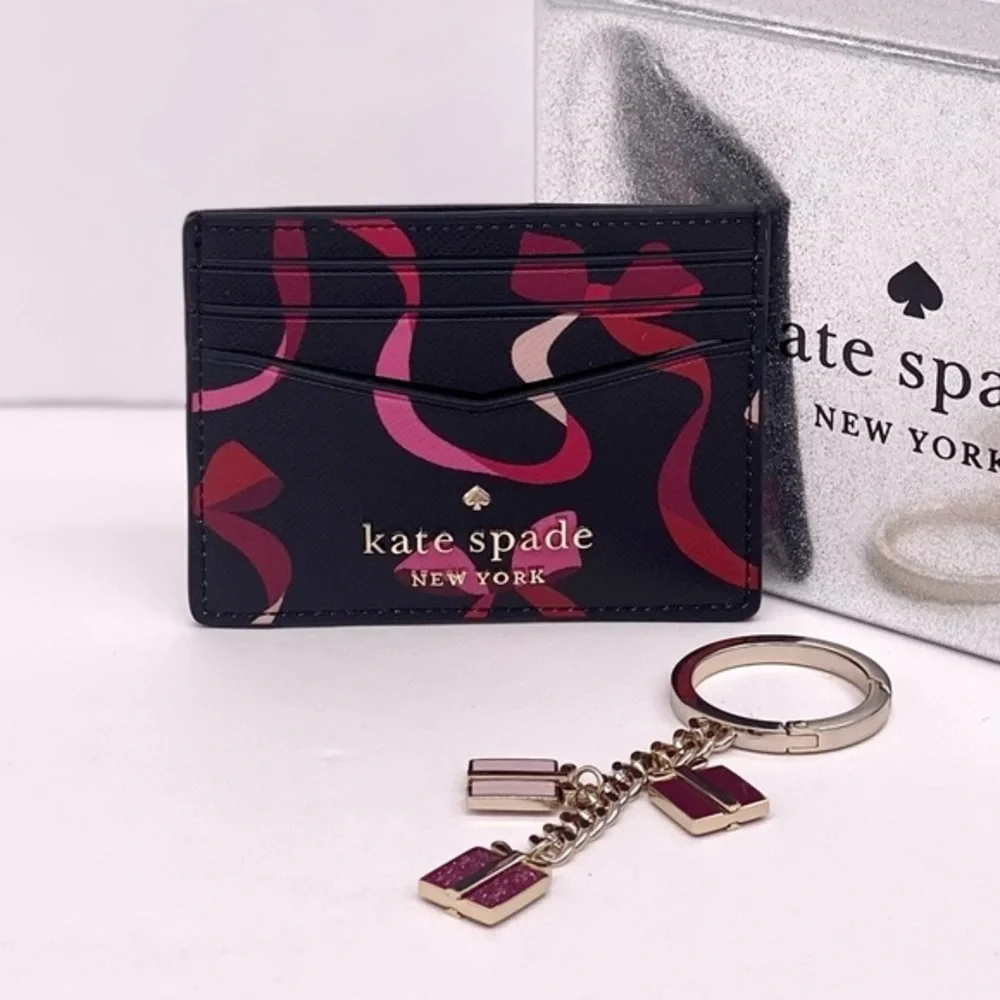 Kate Spade Staci Boxed Card Holder Small Wallet And Key Fob Ribbon Print